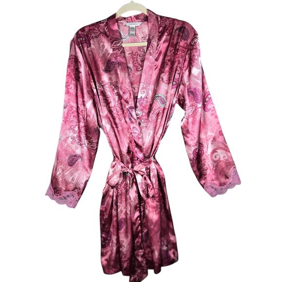 Delicates Pink Paisley Satin Robe & Chemise Set L/M Lace Trim Lingerie Romantic - Picture 9 of 11
